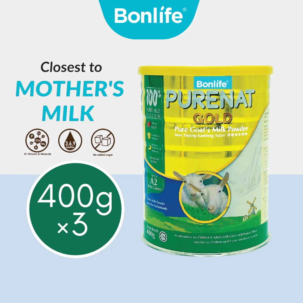 BONLIFE Purenat Gold Goat Milk Powder 400g x 3